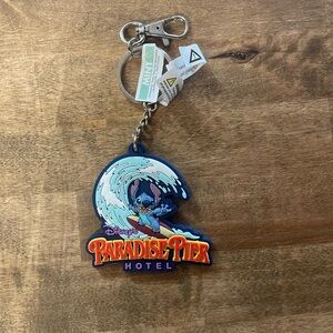 Disney Paradise Pier Hotel Keychain with Blue and Red Accents